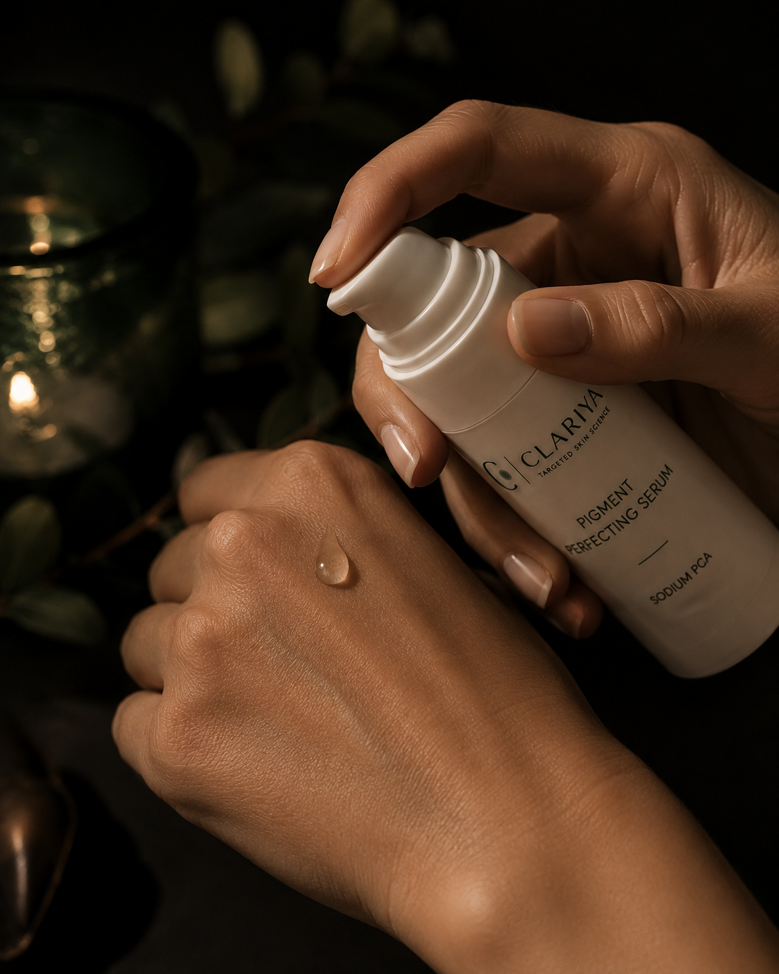 Hands pressing the CLARIYA Pigment Perfecting Serum pump with a serum drop on the back of the hand, a candle in green glass glowing in the dark evening background.