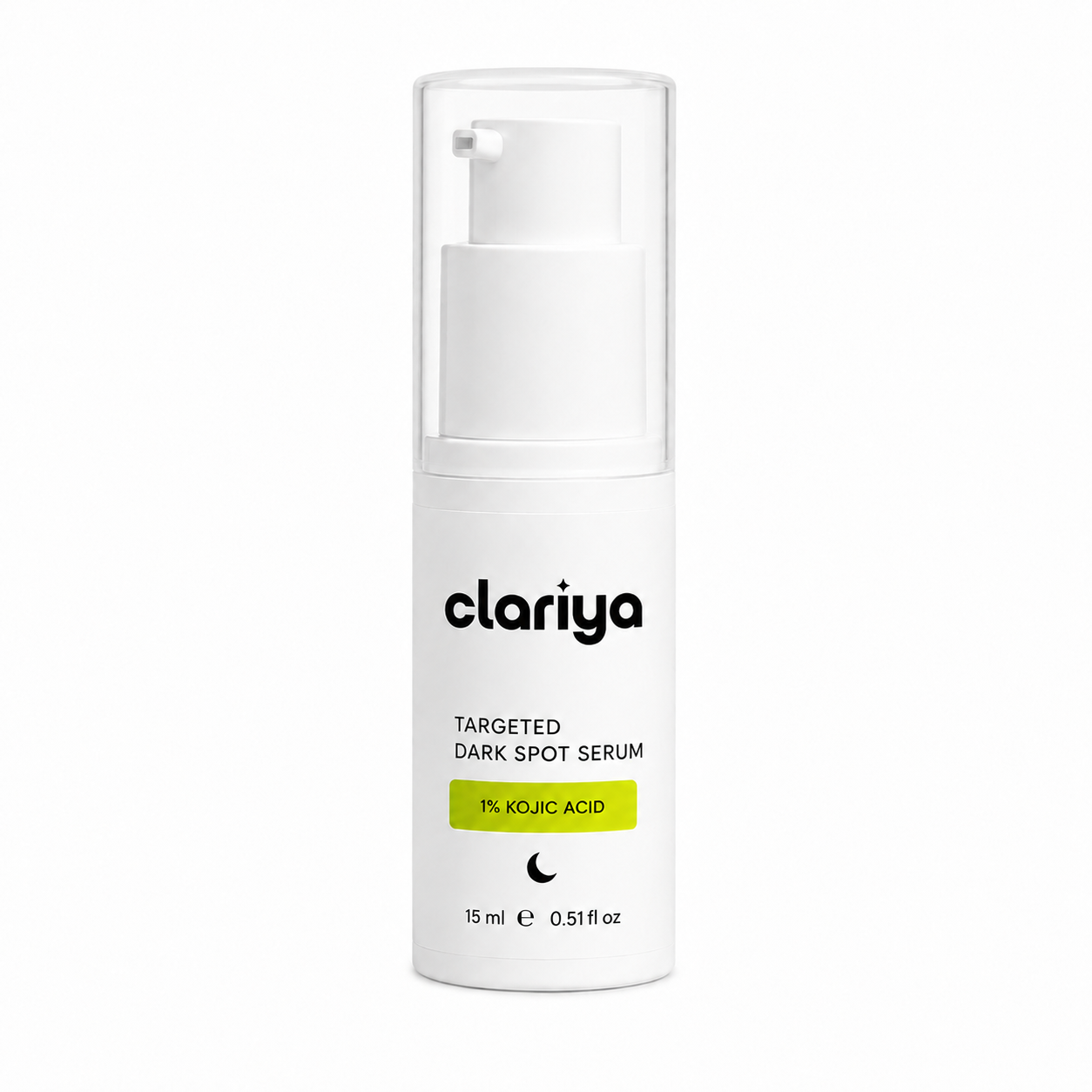 CLARIYA Targeted Dark Spot Serum 1% Kojic Acid, 15 ml pump bottle photographed against a soft white studio backdrop.