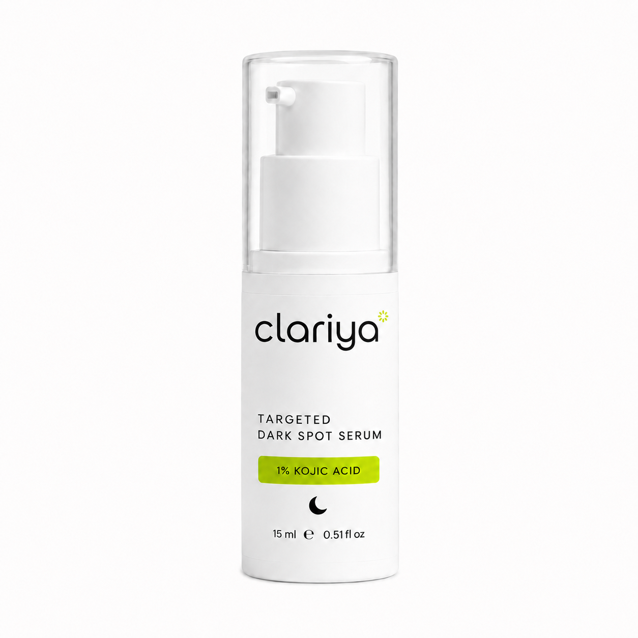 CLARIYA Targeted Dark Spot Serum with 1% kojic acid, 15 ml bottle.