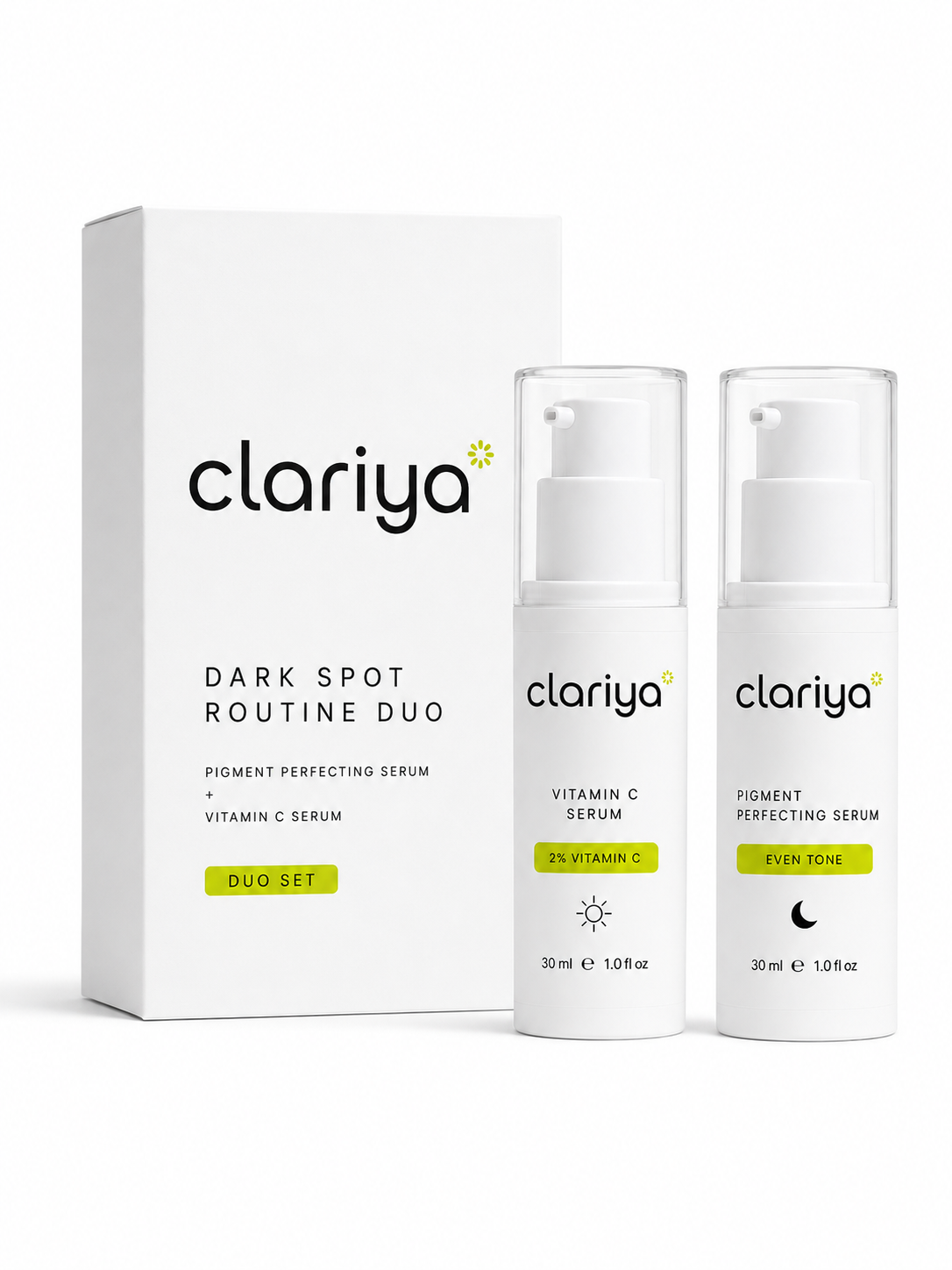 The CLARIYA Dark Spot Routine Duo — Vitamin C Serum and Pigment Perfecting Serum.