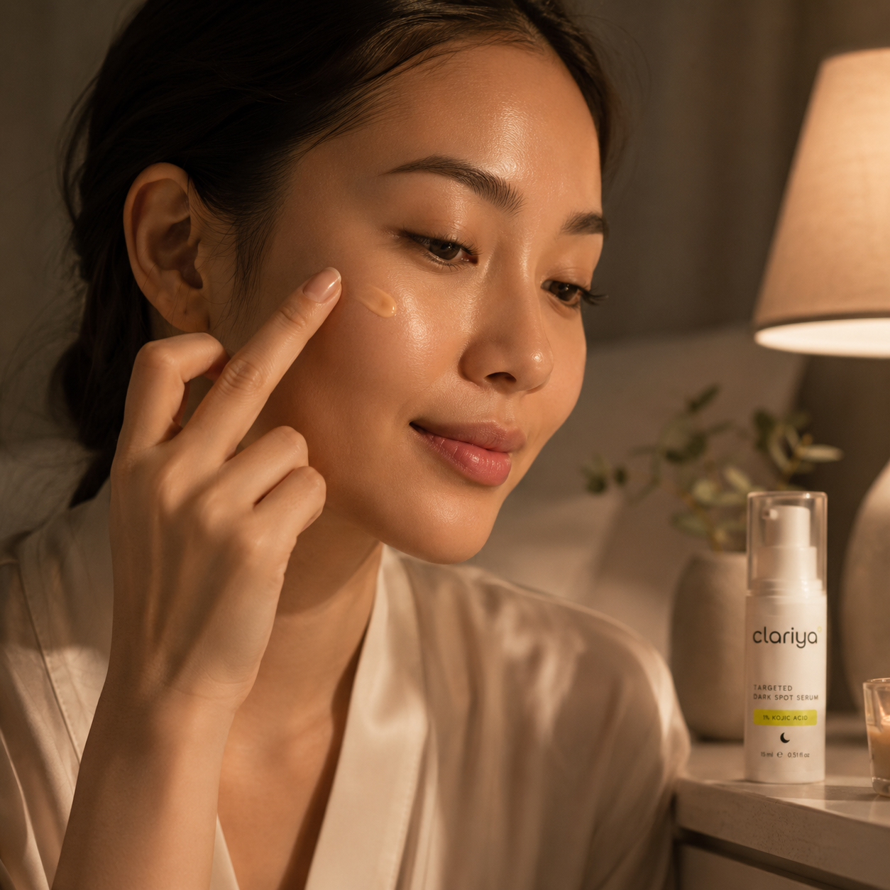 A person applying the CLARIYA Targeted Dark Spot Serum to her cheek in warm evening lamplight, the bottle on the bedside table beside her.
