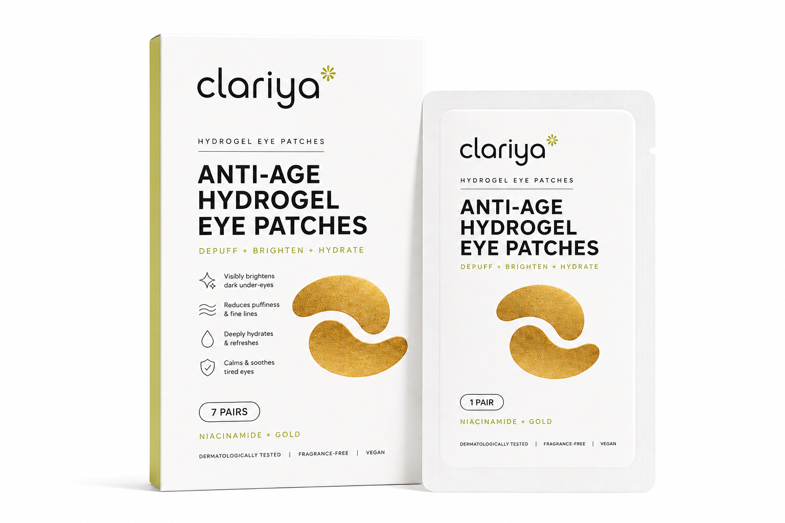 CLARIYA Golden Hour Eye Patches — gold hydrogel under-eye patches shown with the branded box and foil sachet.