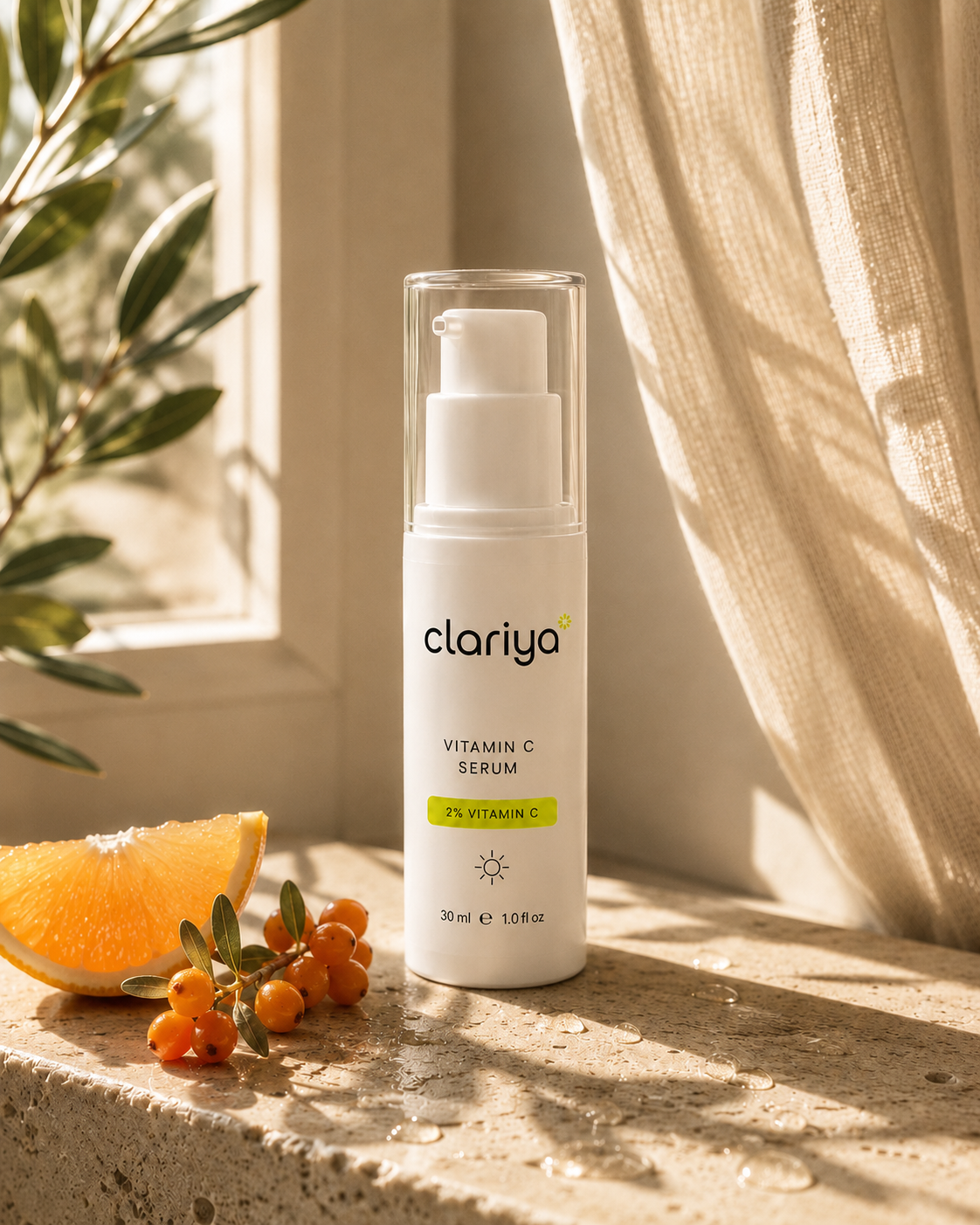 The CLARIYA Vitamin C Serum in golden morning window light with sea-buckthorn berries and an orange slice.