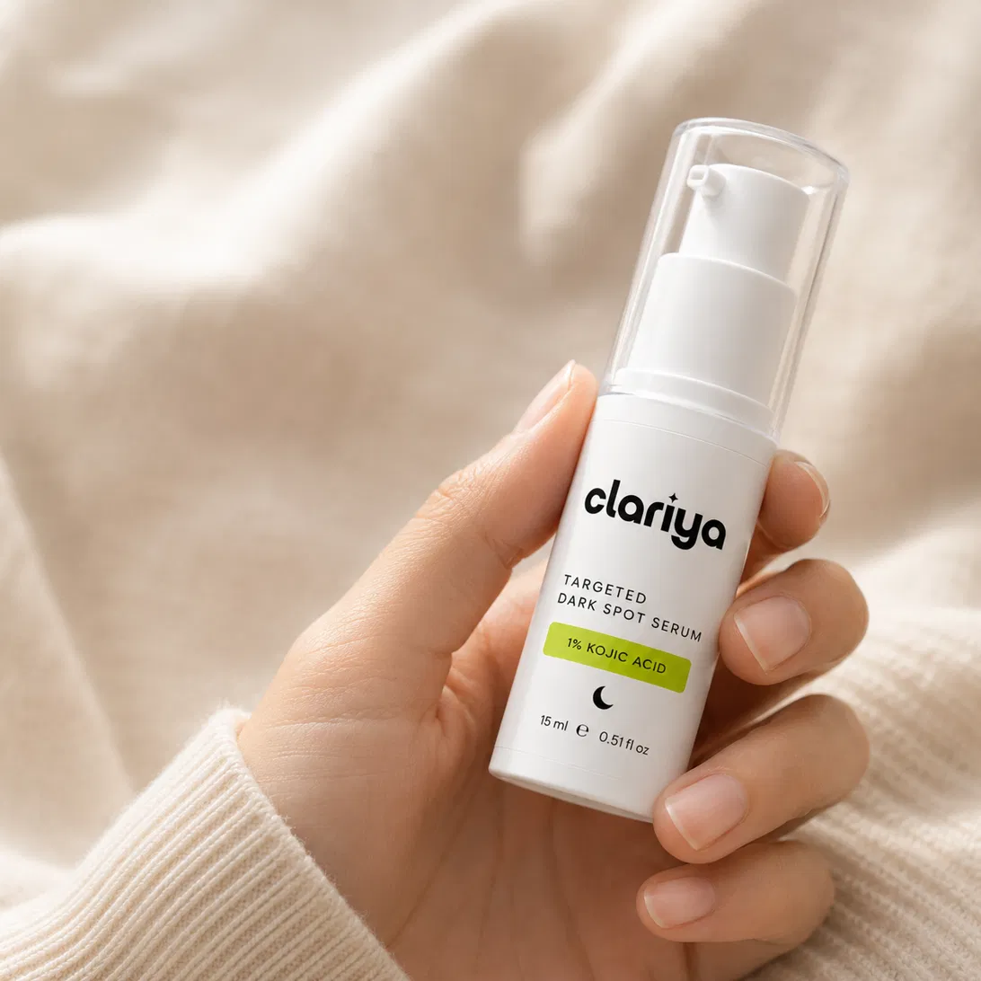 A hand with even-toned skin holding the white CLARIYA Targeted Dark Spot Serum bottle against soft oatmeal knit fabric.