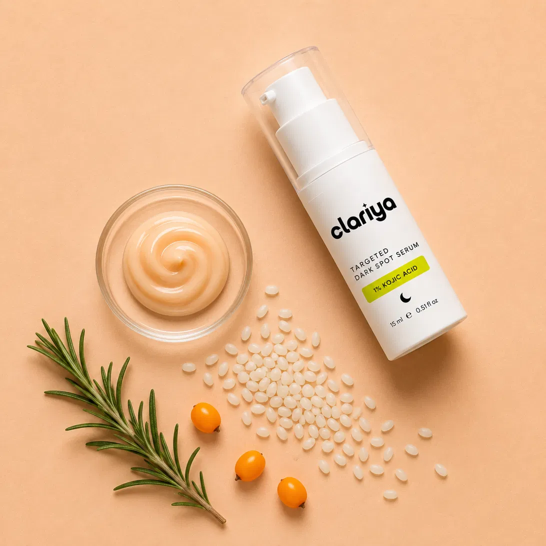 Overhead flat-lay of the CLARIYA serum bottle beside a glass dish of peach serum, koji rice grains, a rosemary sprig and sea-buckthorn berries on a warm peach background.